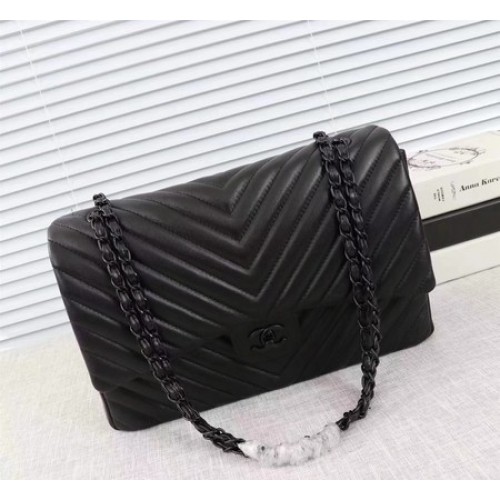 Chanel Maxi Classic Flap Bag Chevron Sheepskin Leather A58601 Black