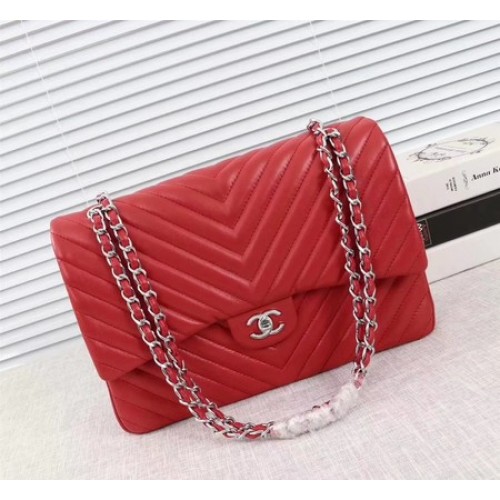Chanel Maxi Classic Flap Bag Red Chevron Sheepskin Leather A58601 Silver