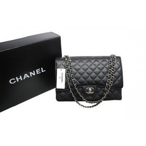 Chanel Maxi Double Flaps Bag A36098 Black Original Caviar Leather Silver