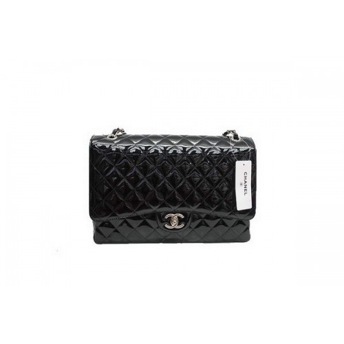 Chanel Maxi Double Flaps Bag A36098 Black Original Patent Leather Silver
