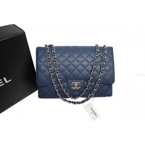 Chanel Maxi Double Flaps Bag A36098 Blue Original Caviar Leather Silver