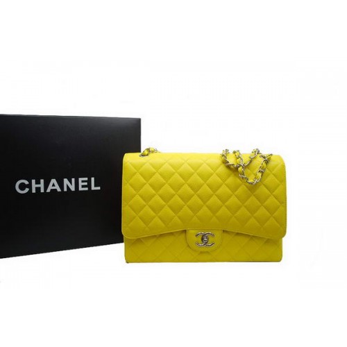 Chanel Maxi Double Flaps Bag A36098 Lemon Original Caviar Leather Silver