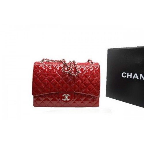 Chanel Maxi Double Flaps Bag A36098 Red Original Patent Leather Silver
