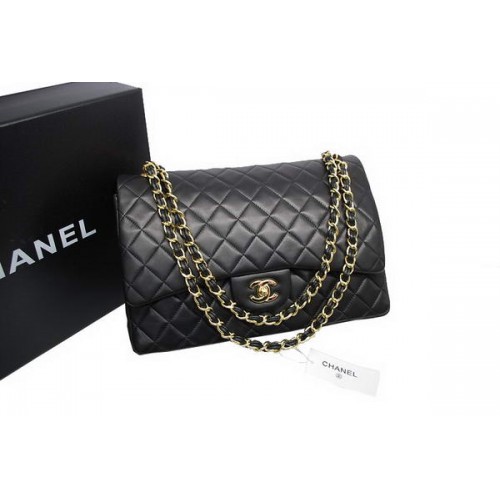 Top Quality Chanel Maxi Double Flaps Bag Black Original Lambskin Leather A36098 Gold