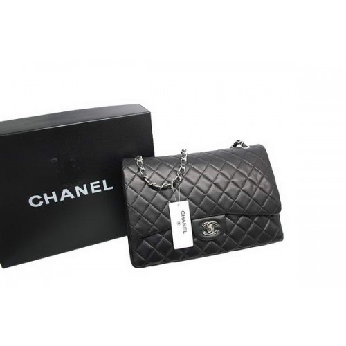 Top Quality Chanel Maxi Double Flaps Bag Black Original Lambskin Leather A36098 Silver