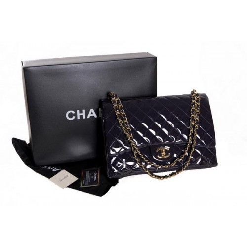 Chanel Maxi Double Flaps Bag Dark Purple Original Patent Leather A36098 Gold