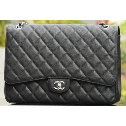 Chanel Maxi Quilted Classic Flap Bag Black Cannage Patterns A58601 Silver