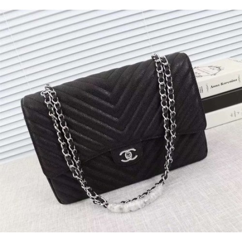 Chanel Maxi Quilted Classic Flap Bag Black Chevron Cannage Pattern A58601 Silver