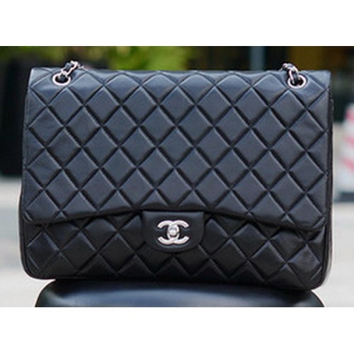 Chanel Maxi Quilted Classic Flap Bag Black Sheepskin A58601 Silver