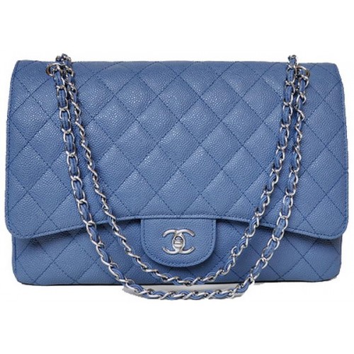 Chanel Maxi Quilted Classic Flap Bag Blue Cannage Patterns A58601 Silver