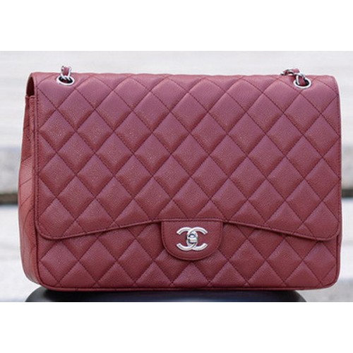 Chanel Maxi Quilted Classic Flap Bag Maroon Cannage Pattern A58601 Silver