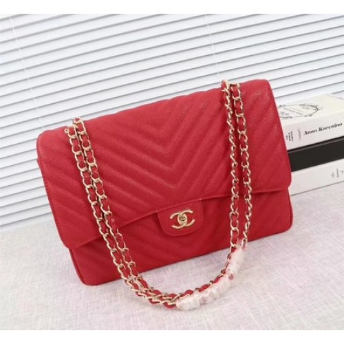 Chanel Maxi Quilted Classic Flap Bag Red Chevron Cannage Pattern A58601 Gold