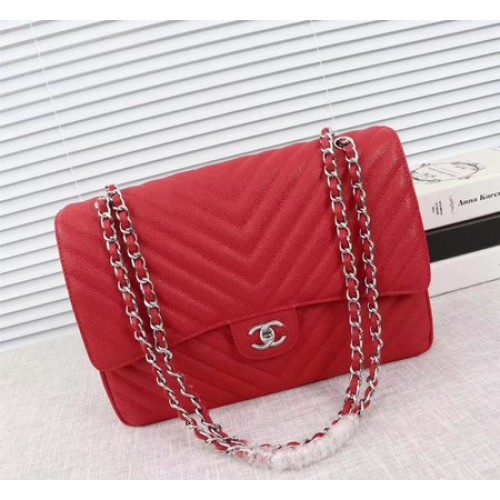 Chanel Maxi Quilted Classic Flap Bag Red Chevron Cannage Pattern A58601 Silver