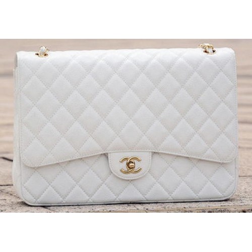 Chanel Maxi Quilted Classic Flap Bag White Cannage Pattern A58601 Gold