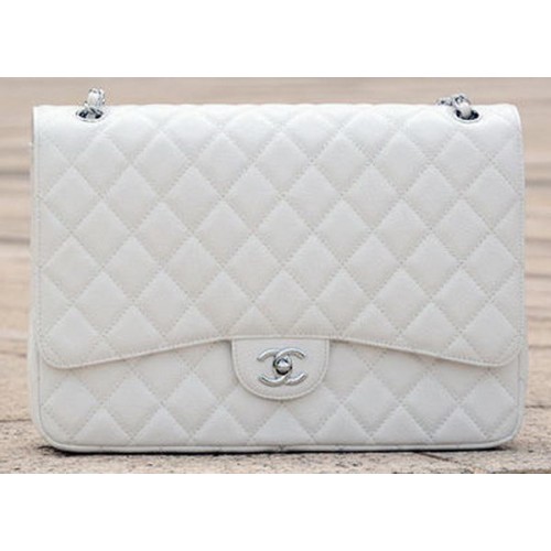 Chanel Maxi Quilted Classic Flap Bag White Cannage Pattern A58601 Silver