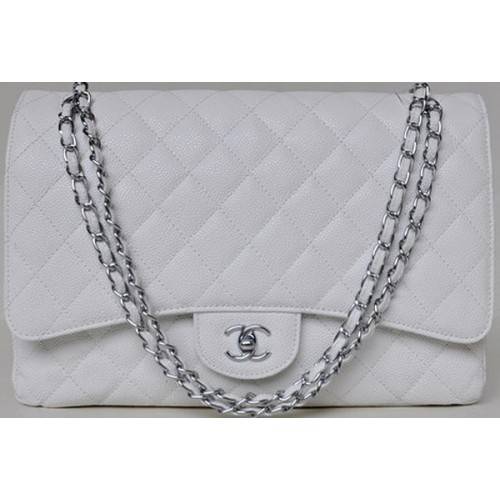 Chanel Maxi Quilted Classic Flap Bag White Cannage Patterns A58601 Silver