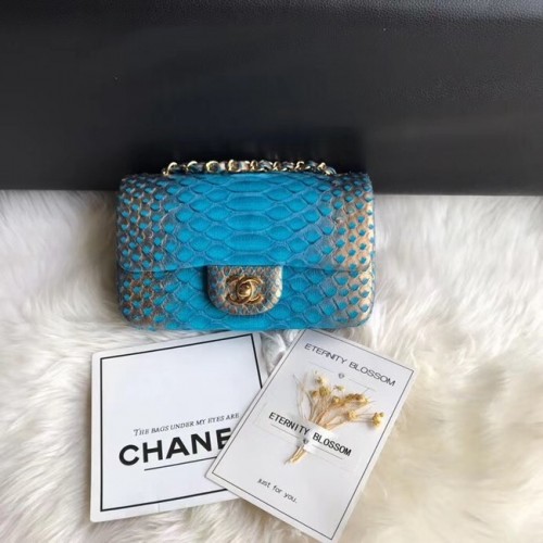 Chanel Mini Flap Bag Python Gold-Tone Metal A69900 blue&gold