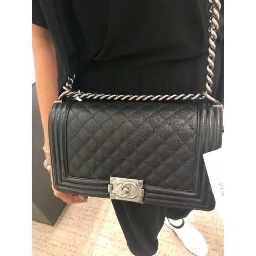 Chanel Original Caviar Leather Boy Flap Shoulder Black Bag A67086 Silver