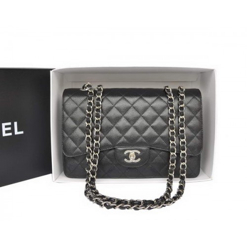 Fashion Chanel Original Caviar Leather Classic Flap Bag A28600 Black Silver