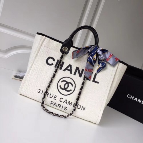 Chanel Original Tote Shopping Bag Canvas Calfskin Silver-Tone Metal 92298 white