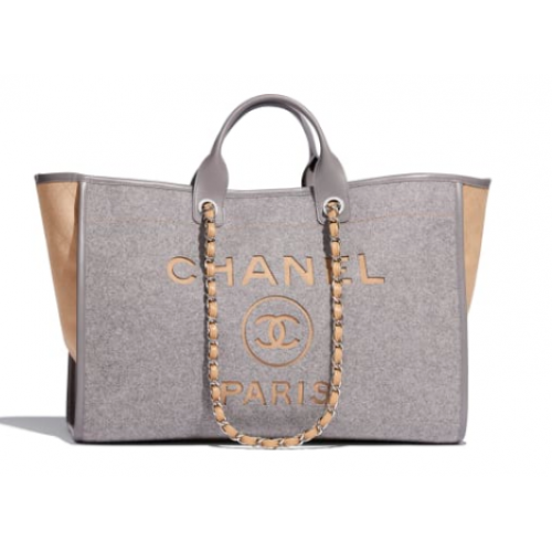 Chanel Original Tote Shopping Bag Wool calfskin Silver-Tone Metal A93786 Grey&beige