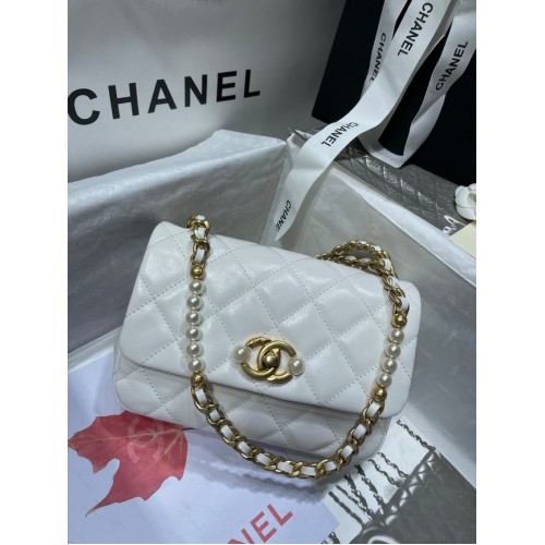 Chanel SMALL FLAP BAG Calfskin Imitation Pearls Gold-Tone Metal AS3000 white