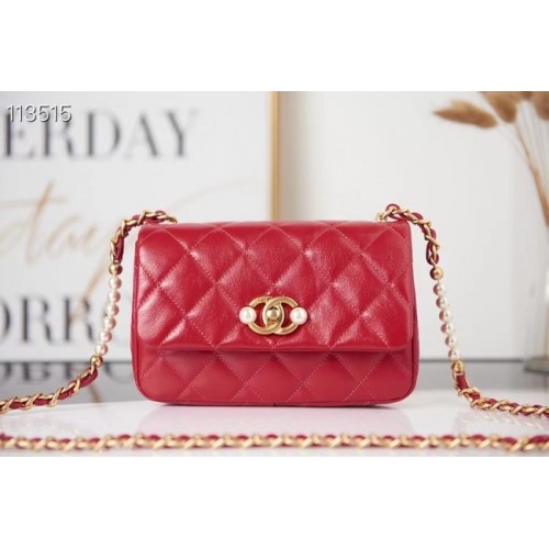 Chanel SMALL FLAP BAG Calfskin Imitation Pearls Gold-Tone Metal AS3001 red