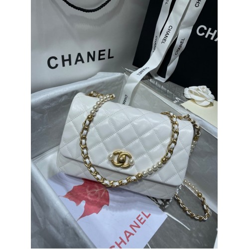Chanel SMALL FLAP BAG Calfskin Imitation Pearls Gold-Tone Metal AS3001 white