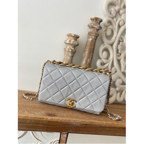 Chanel SMALL FLAP BAG Lambskin Gold-Tone Metal AS3367 light gray