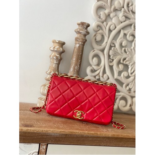 Chanel SMALL FLAP BAG Lambskin Gold-Tone Metal AS3367 red