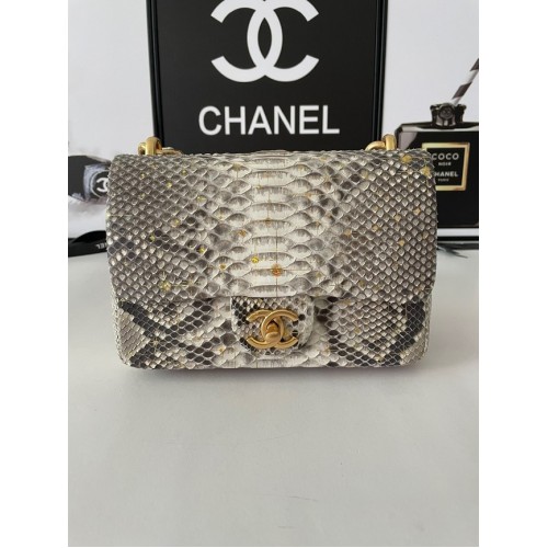 Chanel SMALL FLAP BAG Snakeskin Gold-Tone Metal AS3214 gray