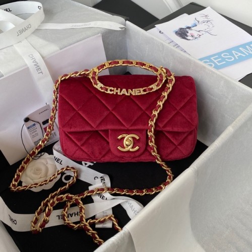 Chanel FLAP BAG Velvet Gold-Tone Metal AS3451 Burgundy