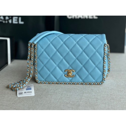 Chanel SMALL Flap Bag Grained Calfskin Gold-Tone Metal AS3467 light blue