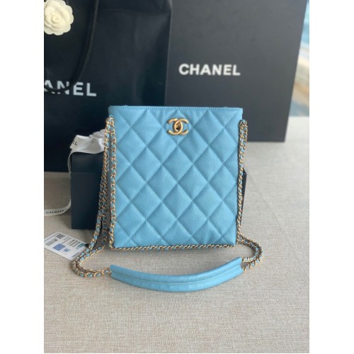 Chanel SMALL SHOPPING BAG Grained Calfskin Gold-Tone Metal AS3470 light blue