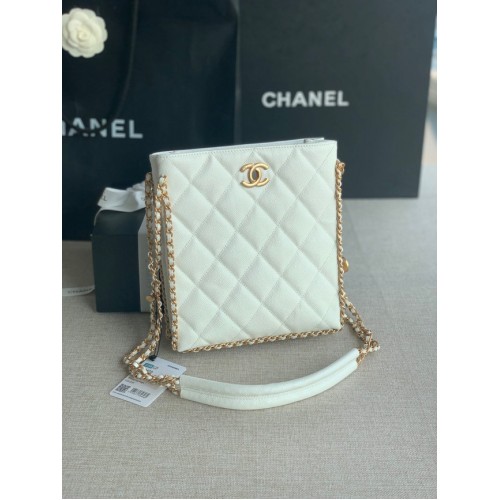 Chanel SMALL SHOPPING BAG Grained Calfskin Gold-Tone Metal AS3470 white
