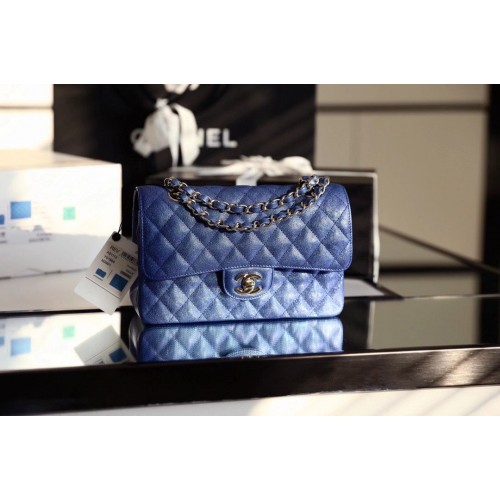 Chanel Small Classic Handbag Grained Calfskin Caviar silver-Tone Metal A01113 Blue