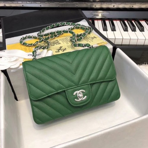 Chanel Small Classic Handbag Grained Calfskin silver-Tone Metal A69900 green