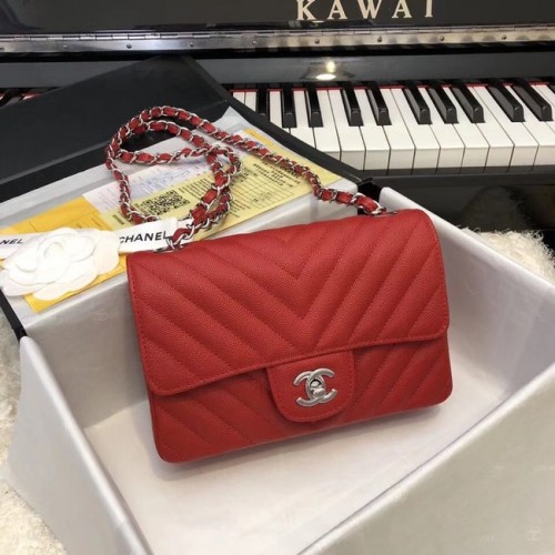 Chanel Small Classic Handbag Grained Calfskin silver-Tone Metal A69900 red