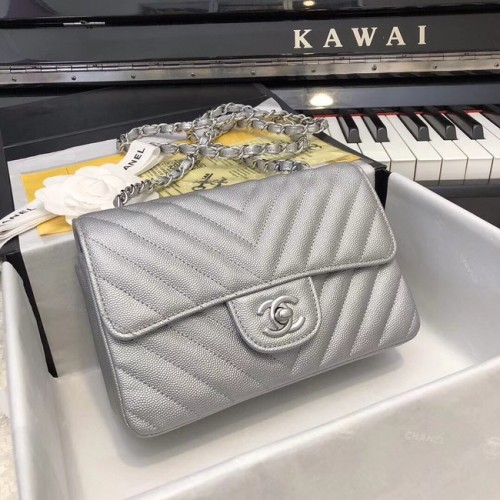 Chanel Small Classic Handbag Grained Calfskin silver-Tone Metal A69900 silver