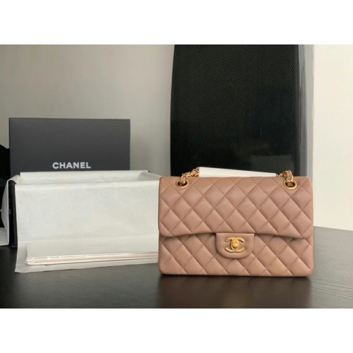 Chanel Small Classic Handbag Sheepskin Gold-Tone Metal A01113 Taupe