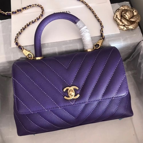 Chanel Small Flap Bag with Top Handle V92990 dark purple gold-Tone Metal