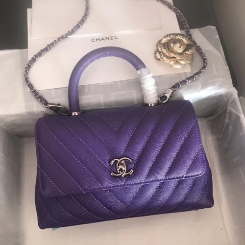 Chanel Small Flap Bag with Top Handle V92990 dark purple silver-Tone Metal