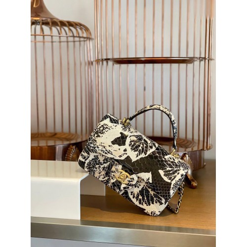 Chanel Snake skin mini flap bag with top handle AS2431 Black&White