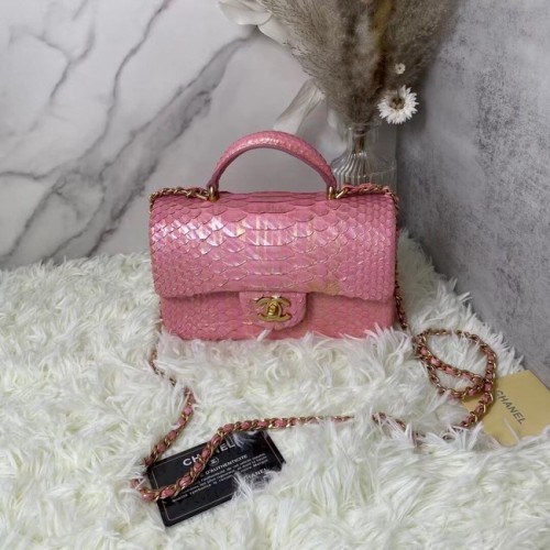 Chanel Snake skin mini flap bag with top handle AS2431 Pearlescent Pink