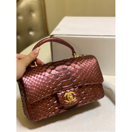 Chanel Snake skin mini flap bag with top handle AS2431 Wine