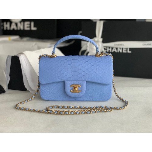 Chanel Snake skin mini flap bag with top handle AS2431 blue