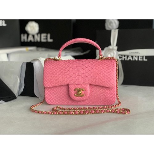 Chanel Snake skin mini flap bag with top handle AS2431 pink