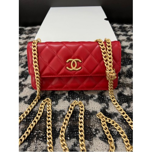 Chanel WALLET ON CHAIN Lambskin Gold-Tone Metal 68107 red