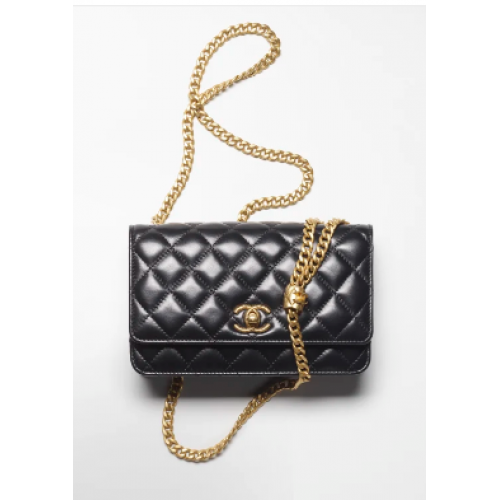 Chanel WALLET ON CHAIN Lambskin Gold-Tone Metal AP3043 Black