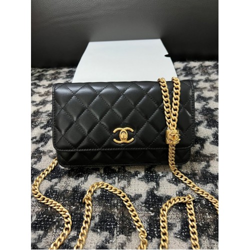 Chanel WALLET ON CHAIN Lambskin Gold-Tone Metal AP3043 black